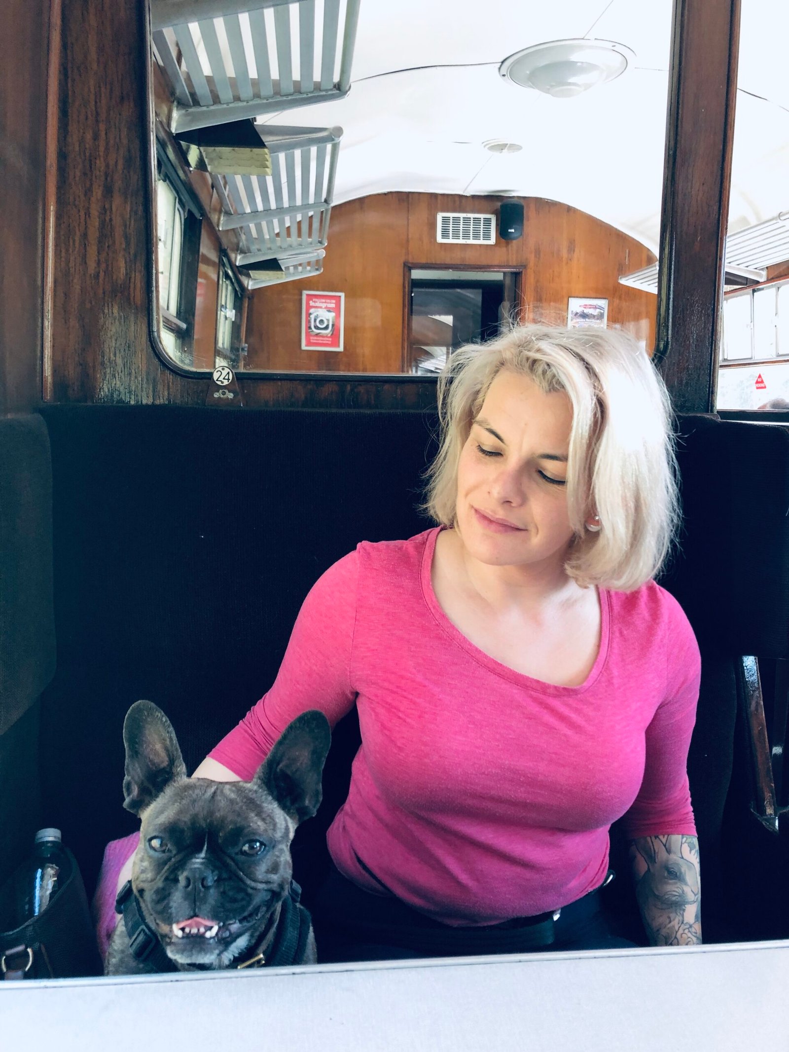 Frenchie and a woman with blonde hair sitting in a carriage in an old fashioned train
